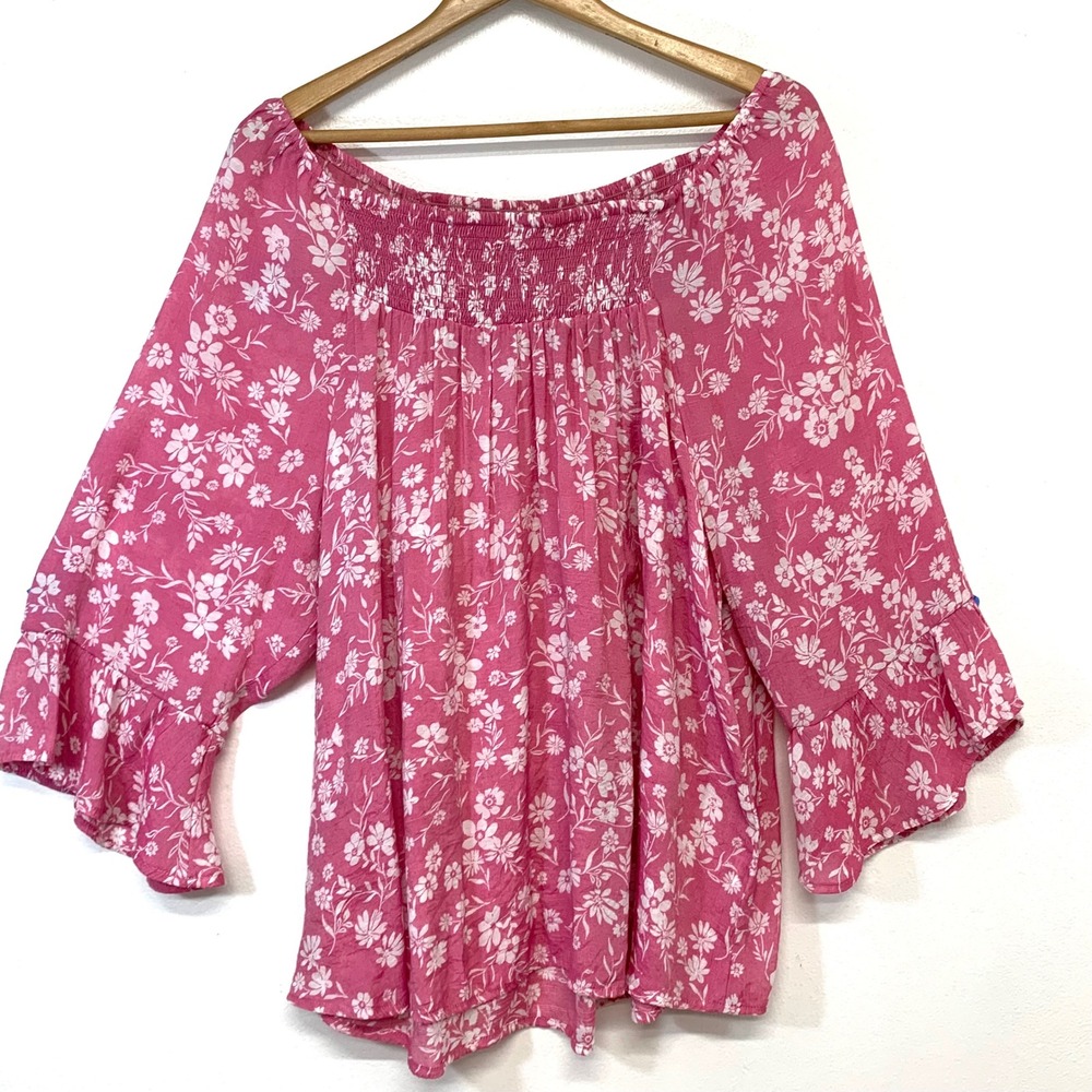 Cocomo Woman Pink Floral Smocked Off Shoulder Blouse  3X Boho Peasant‎ Feminine